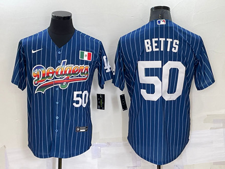 Men's Los Angeles Dodgers #50 Mookie Betts Navy Mexico Rainbow Cool Base Stitched Baseball Jersey